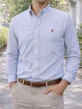 Ralph Lauren Classic Fit Button Down Shirt Men XL 17.5 Blue Stripe Oxford Pony